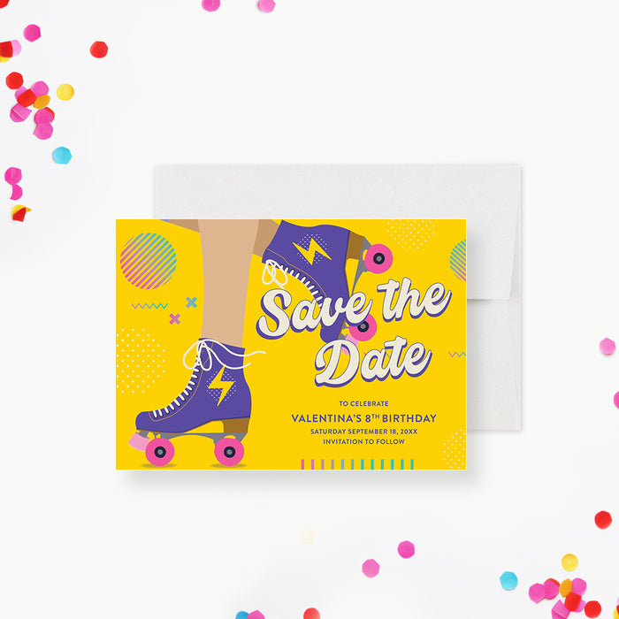 Personalized roller skate birthday save the date card with bright yellow, purple, pink, and teal retro design