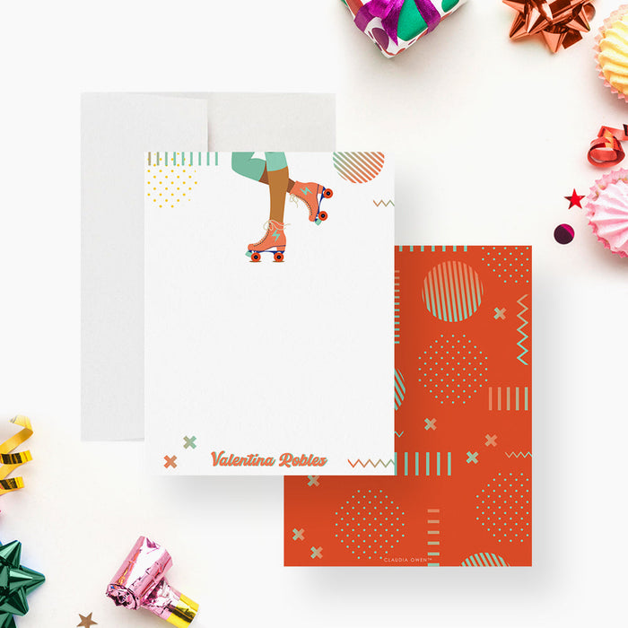 Front and back of personalized note cards with a roller skater illustration with mint green skates and a personalized name and a peach retro patterned back.