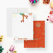 Front and back of personalized note cards with a roller skater illustration with mint green skates and a personalized name and a peach retro patterned back.