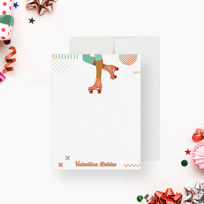 Personalized note card with a roller skater illustration with mint green skates and a personalized name, shown with a white envelope.