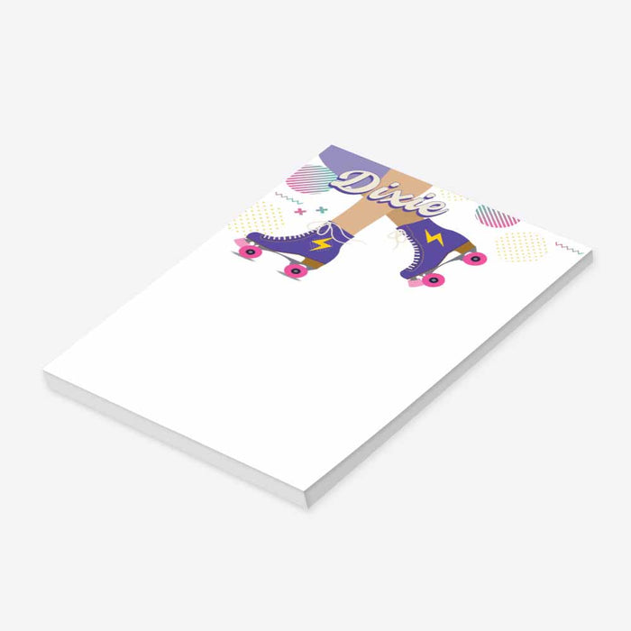 Personalized roller skate notepad with custom name, purple skates, pink wheels, and colorful retro details