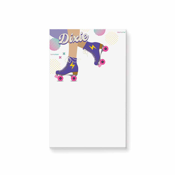 Personalized roller skate notepad with custom name, purple skates, pink wheels, and colorful retro details