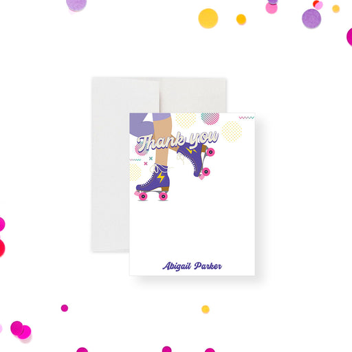Personalized roller skating thank-you card with purple skates, pink wheels, colorful geometric accents, and custom name.