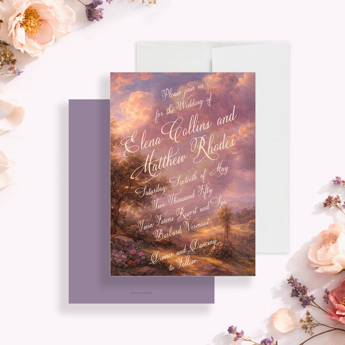 Personalized romantic wedding invitation with vintage oil-painting-style landscape, glowing pink clouds, custom couple’s names and event details-front-back