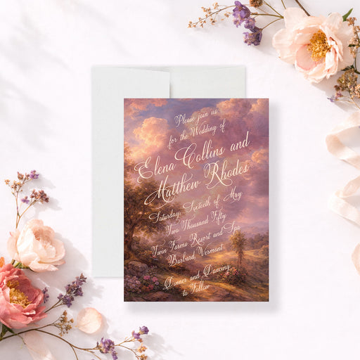 Personalized romantic wedding invitation with vintage oil-painting-style landscape, glowing pink clouds, custom couple’s names and event details-front