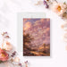 Personalized romantic wedding invitation with vintage oil-painting-style landscape, glowing pink clouds, custom couple’s names and event details-front