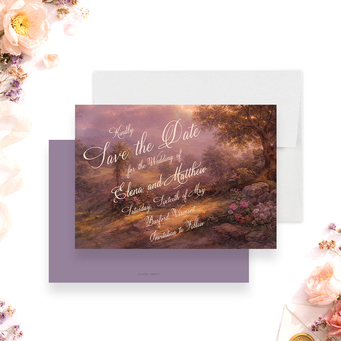 Personalized romantic wedding save the date card with vintage oil-painting-style landscape, custom couple’s names, wedding date and location-front-back