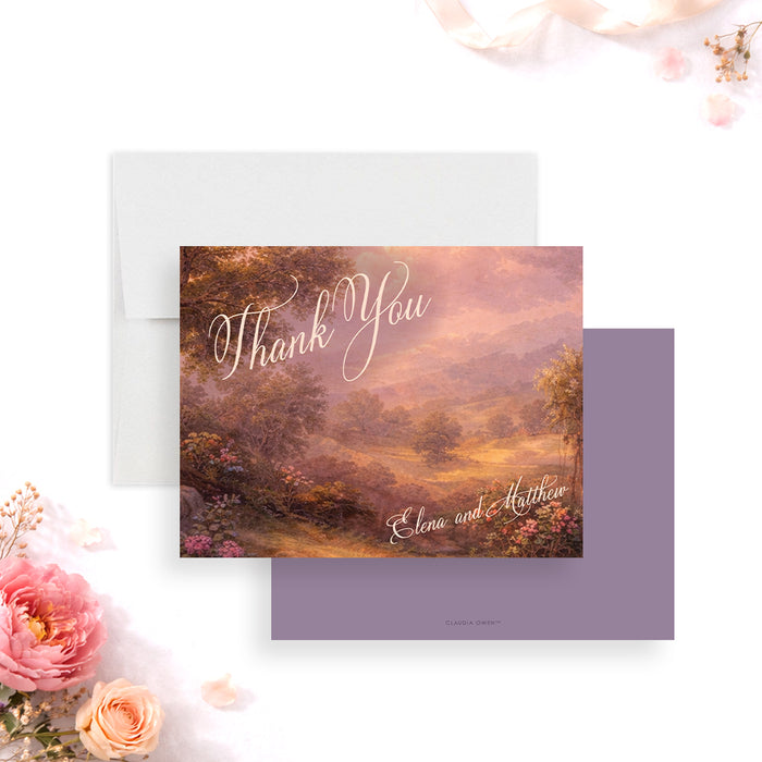 Personalized romantic wedding thank you card with vintage oil-painting-style landscape, pink sunset tones, elegant script and custom couple’s names-front-back