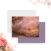 Personalized romantic wedding thank you card with vintage oil-painting-style landscape, pink sunset tones, elegant script and custom couple’s names-front-back