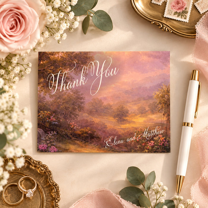 Personalized romantic wedding thank you card with vintage oil-painting-style landscape, pink sunset tones, elegant script and custom couple’s names-front