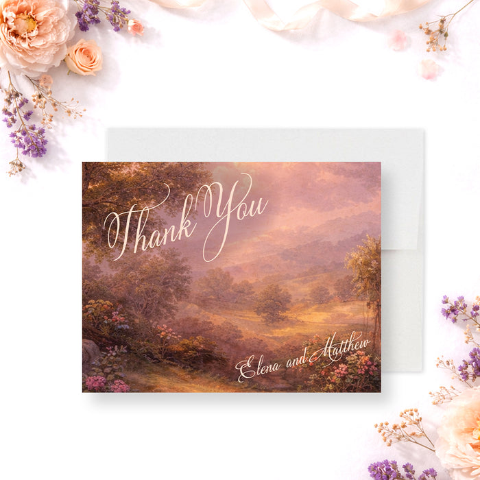 Personalized romantic wedding thank you card with vintage oil-painting-style landscape, pink sunset tones, elegant script and custom couple’s names-front
