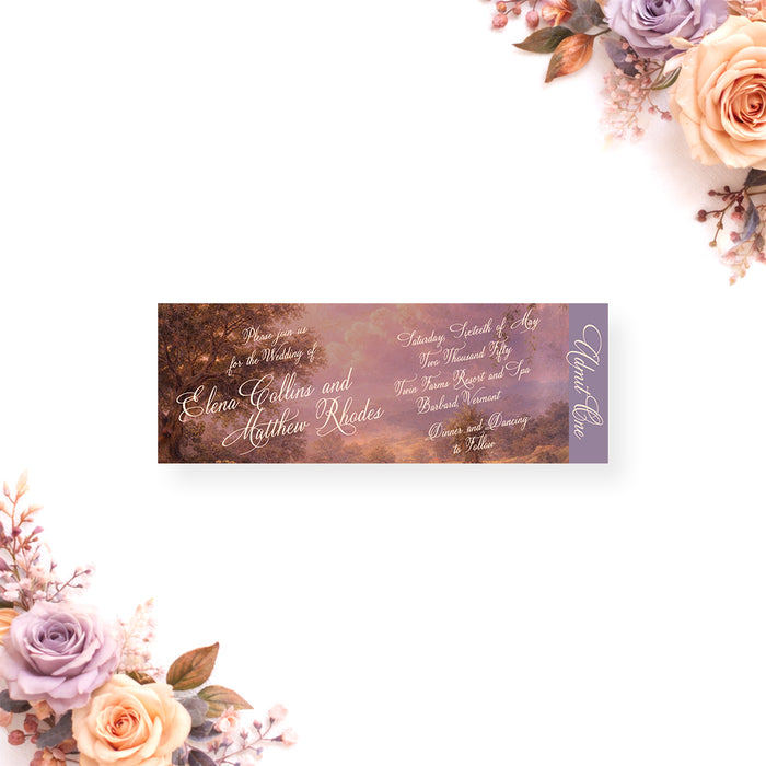 Personalized romantic wedding ticket invitation with vintage oil-painting-style landscape, pink clouds, custom couple’s names, event details and vertical Admit One wording