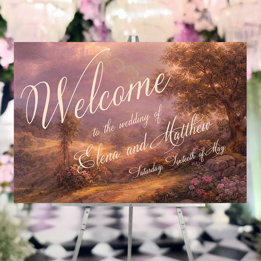Personalized romantic wedding welcome sign with vintage oil-painting-style landscape, glowing pink sky, custom couple’s names and wedding date