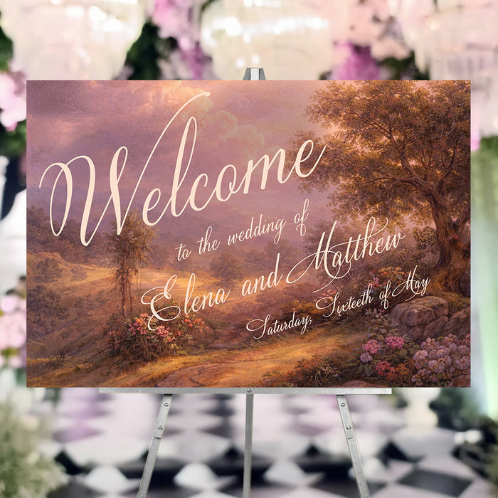 Personalized romantic wedding welcome sign with vintage oil-painting-style landscape, glowing pink sky, custom couple’s names and wedding date