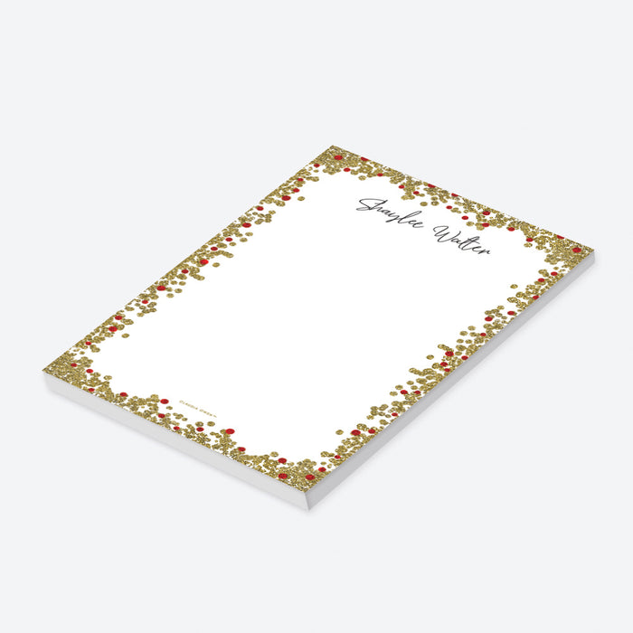 Personalized notepad with custom name, red ruby accents, and gold faux glitter border for elegant everyday stationery-side