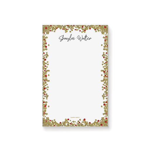 Personalized notepad with custom name, red ruby accents, and gold faux glitter border for elegant everyday stationery.