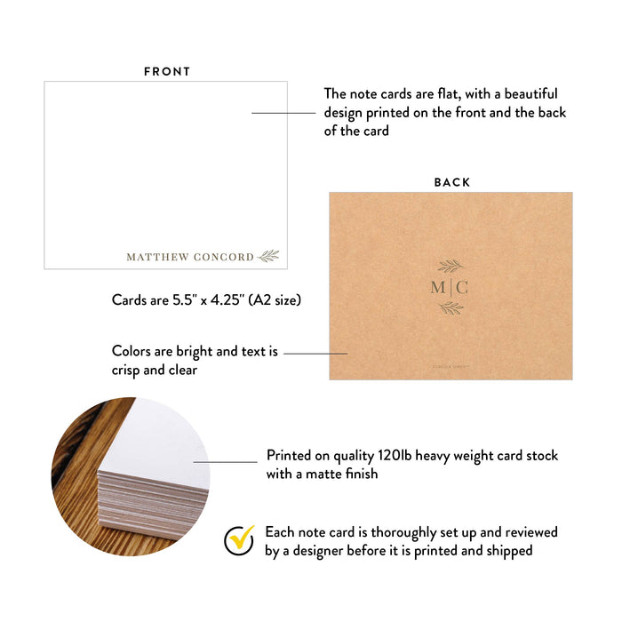 Front and back of personalized rustic leaf monogram note cards with A2 size and matte cardstock details.