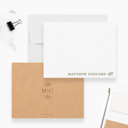 Personalized white note card with a small leaf illustration and a warm brown reverse printed with initials.