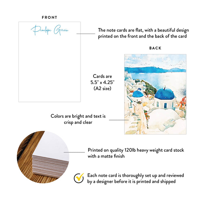 A2 note card specifications: 5.5 × 4.25 inches, double-sided printing and heavyweight 120 lb matte cardstock.