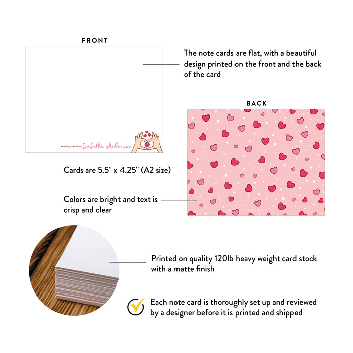 Front and back of personalized sending love heart note cards showing A2 dimensions and matte cardstock details.