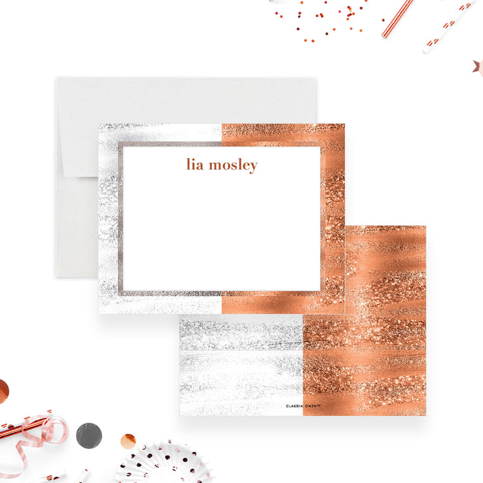 Personalized Silver and Warm Neutral Business Note Cards. Front and printed silver and warm neutral striped back shown with a white envelope.