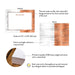 Product details graphic for personalized silver and warm neutral business note cards, showing front and back designs, A2 size, and matte cardstock.