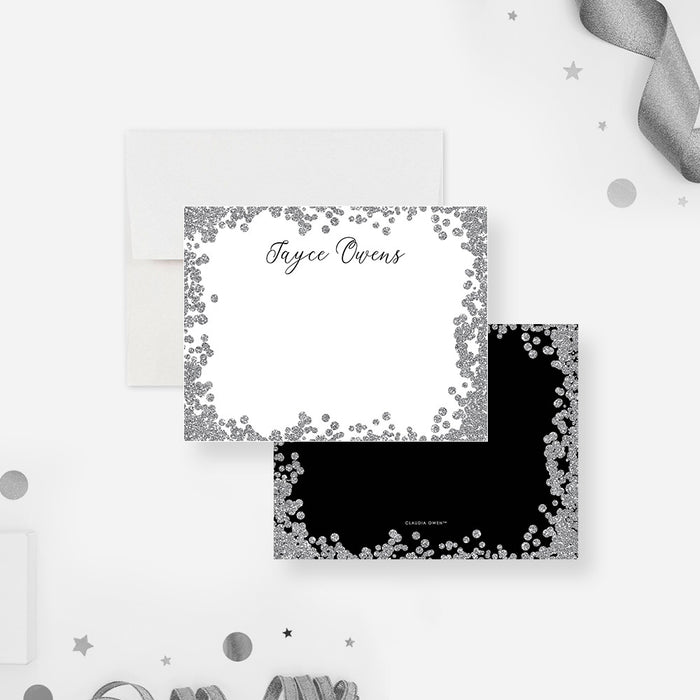 Personalized Silver Confetti Border Note Cards. Front and black back with a printed silver confetti border shown with a white envelope.