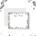 Personalized note card with a white front with a printed silver confetti border and a name in black script. Shown with a white envelope.