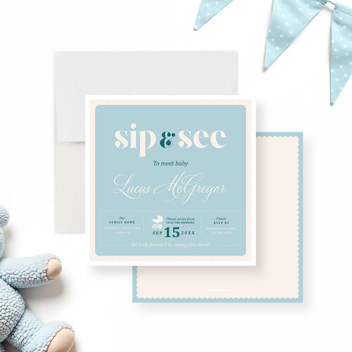 Personalized blue and white Sip and See baby invitation with a baby stroller, baby’s name, celebration date, and event details.-front-back
