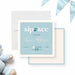Personalized blue and white Sip and See baby invitation with a baby stroller, baby’s name, celebration date, and event details.-front-back