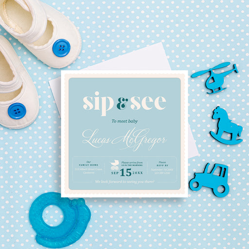 Personalized blue and white Sip and See baby invitation with a baby stroller, baby’s name, celebration date, and event details.-front