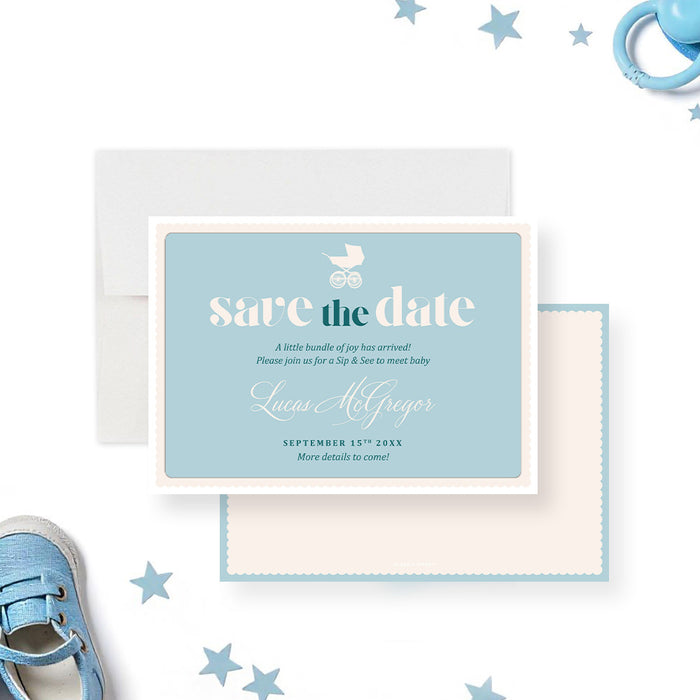 Personalized blue Sip and See baby save the date card with baby stroller, baby’s name, and celebration date-front-back