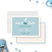 Personalized blue Sip and See baby save the date card with baby stroller, baby’s name, and celebration date-front-back