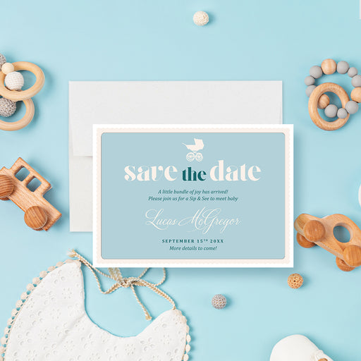Personalized blue Sip and See baby save the date card with baby stroller, baby’s name, and celebration date-front