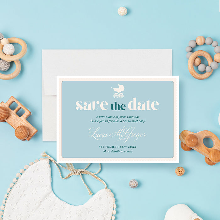 Personalized blue Sip and See baby save the date card with baby stroller, baby’s name, and celebration date-front