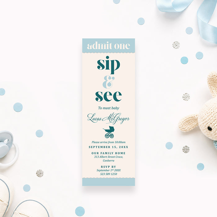 Personalized blue and cream Sip and See ticket invitation with Admit One header, baby name, baby stroller illustration, event details and RSVP