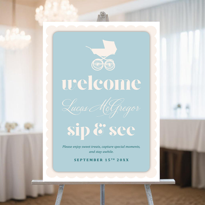 Personalized Sip and See welcome sign with baby stroller, soft blue background, cream border, baby name, celebration date, and custom wording