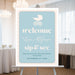 Personalized Sip and See welcome sign with baby stroller, soft blue background, cream border, baby name, celebration date, and custom wording