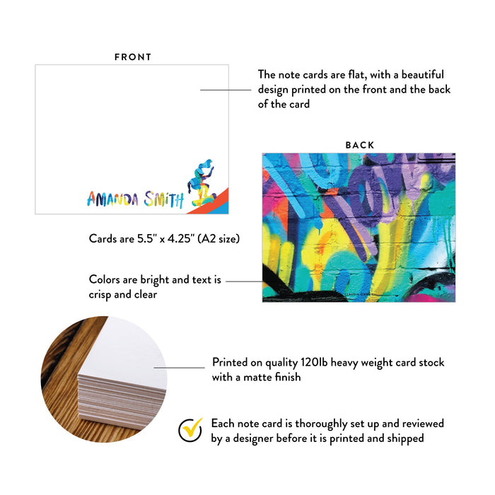 Specifications graphic showing the front and back of personalized skateboard note cards for girls and teens, A2 size 5.5 × 4.25 inches and matte cardstock.