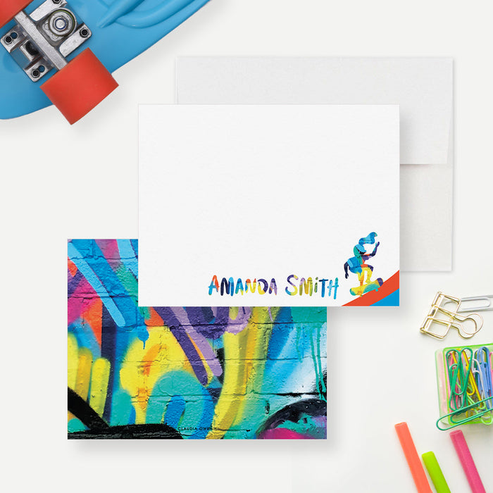 Front and back of personalized note cards with a girl skateboarder illustration and colorful name lettering and a colorful graffiti inspired back.