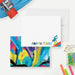 Front and back of personalized note cards with a girl skateboarder illustration and colorful name lettering and a colorful graffiti inspired back.