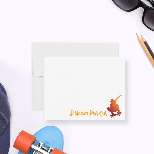 Personalized note card featuring a modern skateboard graphic, designed for boys or teens who love skating; includes space for custom name personalization.