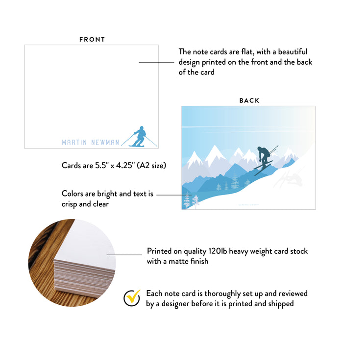 Front and back of personalized skiing and mountain note cards with A2 size and matte cardstock details.