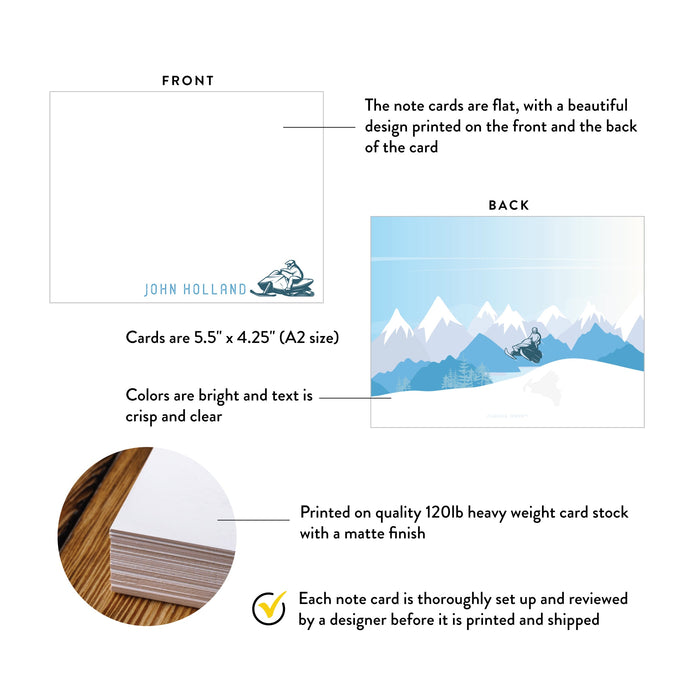 Specifications graphic showing the front and back of personalized snowmobile note cards gift for winter sports fans, A2 size 5.5 × 4.25 inches and matte cardstock.