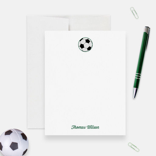 Personalized soccer note card featuring a soccer ball and green field design, perfect for boys, and sports fans
