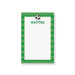 Personalized soccer notepad with a black-and-white soccer ball, green striped border, custom name, and a large white writing area.
