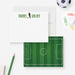 Front and back of personalized note cards with a soccer player silhouette and a personalized name in green and a green soccer field patterned back.