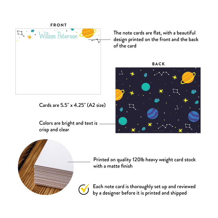 Front and back of personalized space and planet note cards showing A2 dimensions and matte cardstock details.