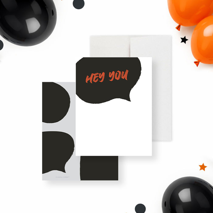 personalized funny note cards with black speech bubble design, orange Hey You wording, custom name, and blank writing space-front-back