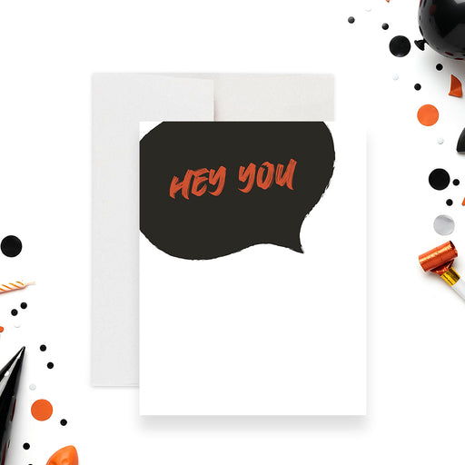 personalized funny note cards with black speech bubble design, orange Hey You wording, custom name, and blank writing space-front